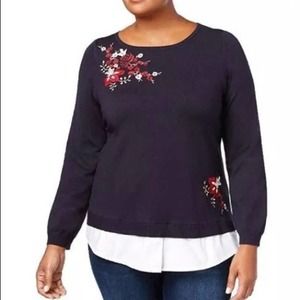 Charter Club Layered Look Sweater Blue Fall Winter Long Sleeve New Floral XL